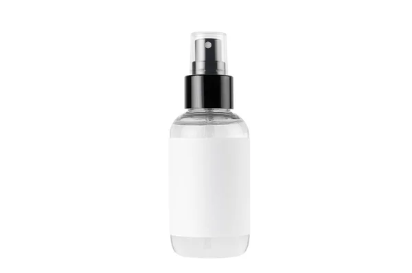 Botella Spray Transparente Para Productos Cosméticos Con Etiqueta Blanca Blanco — Foto de Stock