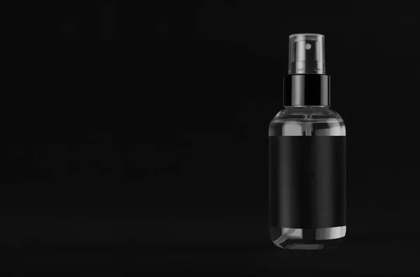 雅致透明的喷雾器瓶 用于黑色底色上有黑色标签的化妆品 为品牌 复制空间进行模拟 — 图库照片