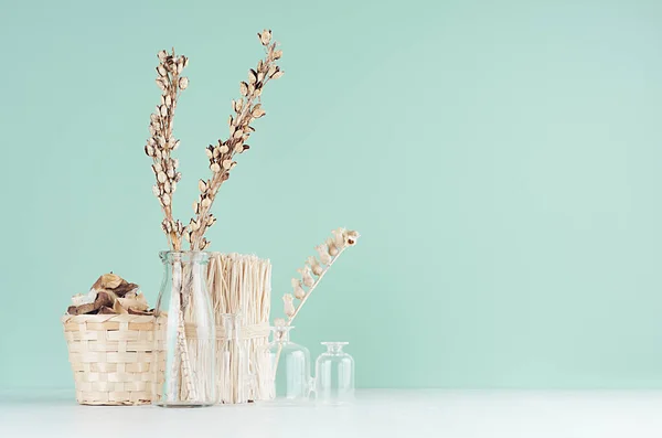 Gemütliche Rustikale Wohndekoration Beige Trockene Blumen Pflanzen Glasflaschen Weidenkorb Büschel — Stockfoto