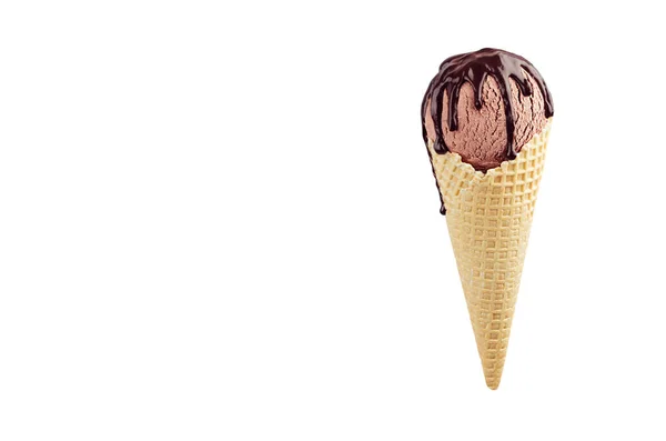 Sorvete Marrom Cone Waffle Crocante Com Molho Chocolate Isolado Fundo — Fotografia de Stock