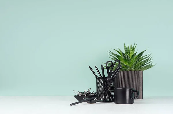 Volver Escuela Fondo Lugar Trabajo Con Papelería Negro Taza Café —  Fotos de Stock