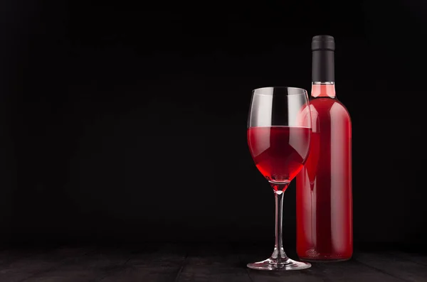 Download Bottle Of Rose Wine And Wine Glass Mock Up On Elegant Dark Black Wooden Background Copy Space Elegance Board Stock Photo 173275650