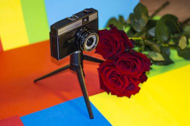 Üç kırmızı gülün ve üç ayaklı kameranın görüş açısı