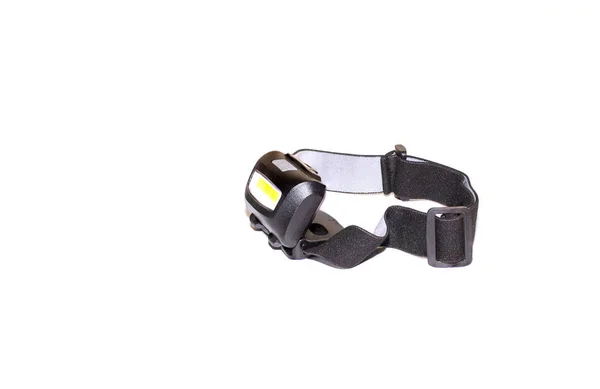 Schwarze Stirnlampe Led Taschenlampe Isoliert Auf Weißem Hintergrund — Stockfoto