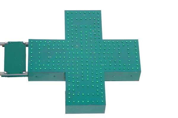 Аптечный Знак Зеленый Крест Изолированы Белом Фоне Макро — стоковое фото