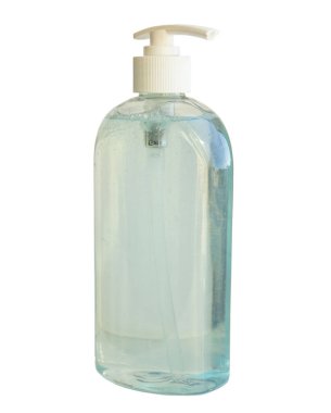 Plastik şişe el dezenfektanı, antimikrobik sıvı jel, mikrop önleme veya antibakteriyel hijyen. Yakın plan. beyaz arkaplan