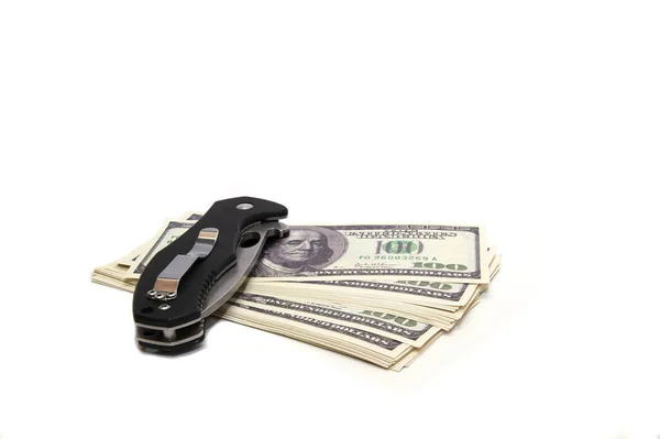 Folding knife and dollars with a face value of 100. — Stock Photo, Image