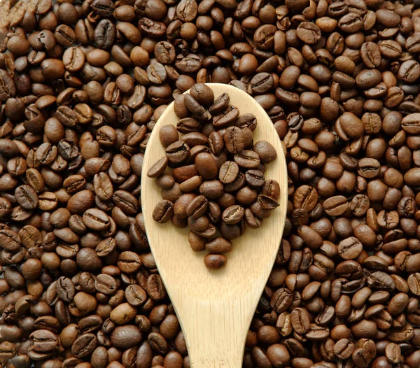 Kávébab Egy Spatulán Kávébab Háttér Közelkép Felülnézet — Stock Fotó