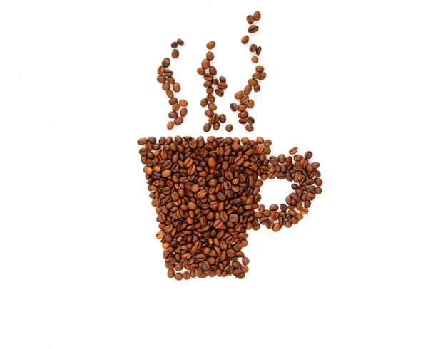 Varm Kopp Kaffe Gjort Kaffebönor Vit Bakgrund Platt Äggläggning — Stockfoto