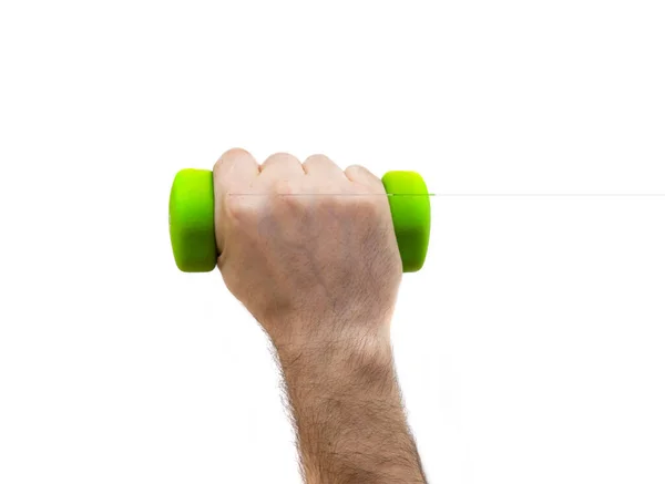 Male Hand Raised Green Dumbbell White Background Fitness Health Concept — Stock Photo, Image