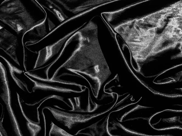Zwarte Satijnen Textuur Achtergrond Met Vloeibare Golf Golvende Plooien Behang — Stockfoto