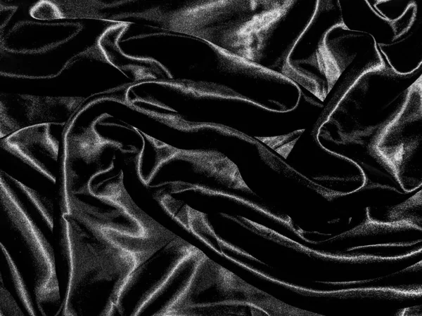Zwarte Satijnen Textuur Achtergrond Met Vloeibare Golf Golvende Plooien Behang — Stockfoto