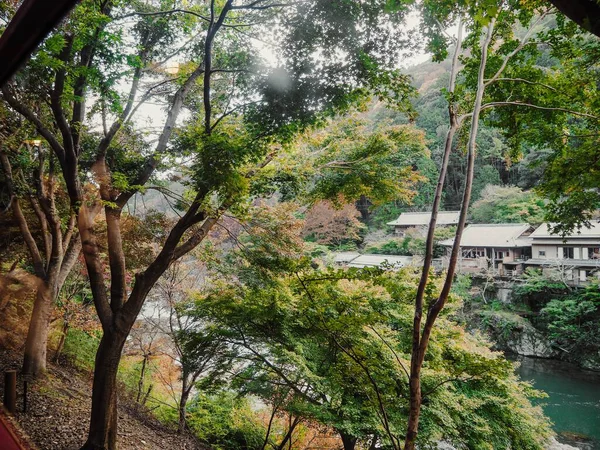 Vista Pequena Aldeia Japão Com Belo Fundo Azul Céu — Fotografia de Stock