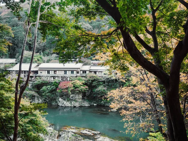 Vista Pequena Aldeia Japão Com Belo Fundo Azul Céu — Fotografia de Stock