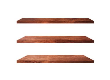 Tasarım için kırpma yolu olan beyaz arkaplanda izole ahşap raflar. Ürünlerinizi görüntülemek veya montajlamak için kullanılır