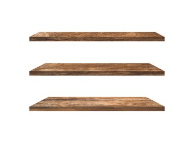 Tasarım için kırpma yolu olan beyaz arkaplanda izole ahşap raflar. Ürünlerinizi görüntülemek veya montajlamak için kullanılır