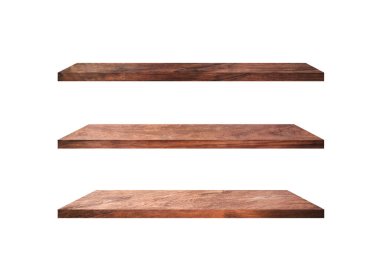 Tasarım ve iş için kırpma yolu ile beyaz arkaplanda izole ahşap raf koleksiyonu