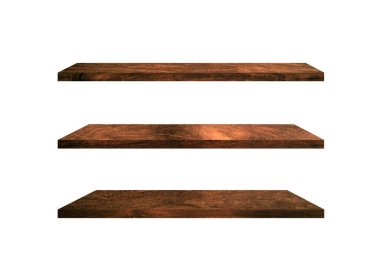 Eski ahşap raflardan oluşan bir grup beyaz arka planda izole edilmiş, kopyalama alanı ve iş için kırpma yolu var. Ürünlerinizi görüntülemek veya montajlamak için kullanılır, üst görünüm