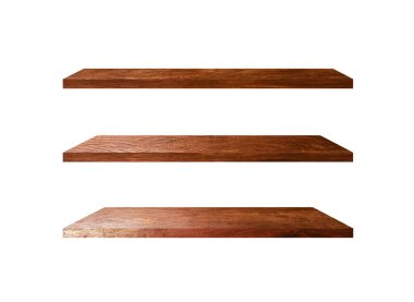 3 Retro tahta raf beyaz arkaplan üzerinde izole edilmiş kopyalama alanı ve çalışma için kırpma yolu