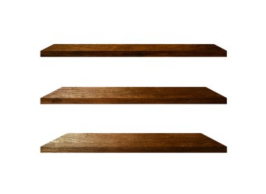 3 Retro tahta raf beyaz arkaplan üzerinde izole edilmiş kopyalama alanı ve çalışma için kırpma yolu