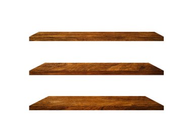 Ürününüz veya tasarımınız için kırpma yolu ile beyaz arkaplanda izole edilmiş üç ahşap raf