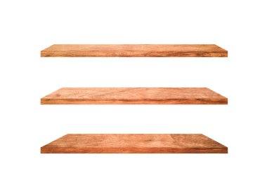 Ürününüz veya tasarımınız için kırpma yolu ile beyaz arkaplanda izole edilmiş üç ahşap raf