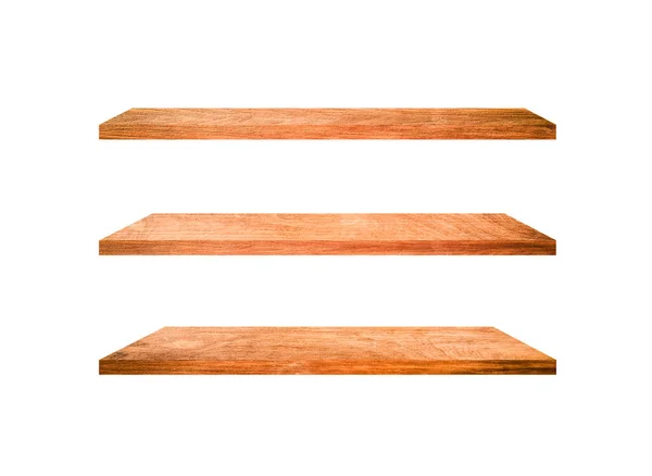 Three Wooden Shelves Isolated White Background Clipping Path Your Product — Stock Photo, Image