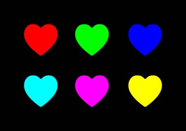 Kalp sembolü, Vektör kalp ikonu renk tasarımı kırmızı, yeşil, mavi, cyan, morumsu ve sarı.