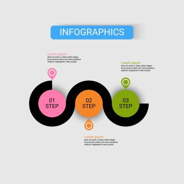Üç adımlı zaman çizelgesi, üç seçenekli bilgi-grafik vektör şablonu. Bilgi grafikleri için yaratıcı bir kavram. İş akışı düzeni, diyagram, iş adım seçenekleri, afiş, web tasarımı kullan.