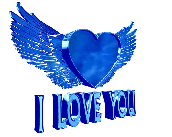 Modré srdce s křídly na bílém pozadí — Stock fotografie