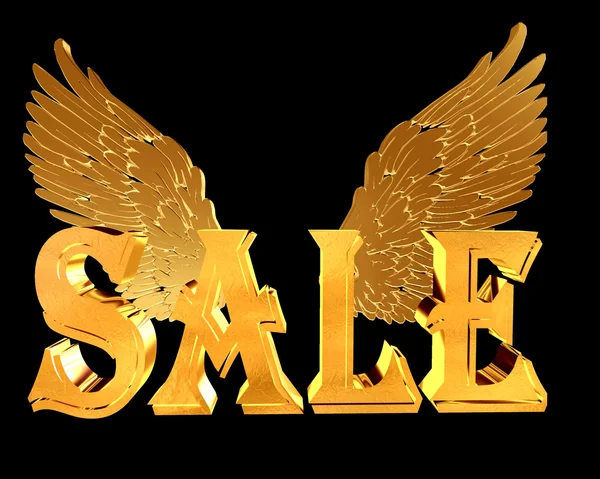 Gold text sale with wings on a black background