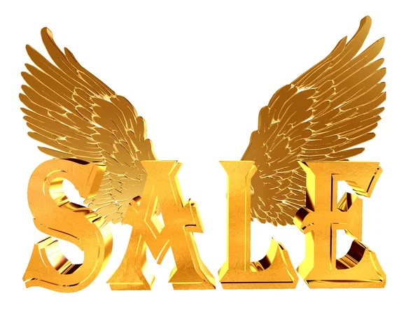 Gold text sale with wings on a white background — Stock Photo, Image