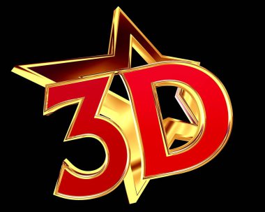 3D çizim. Metin siyah arka plan ile 3d altın yıldız
