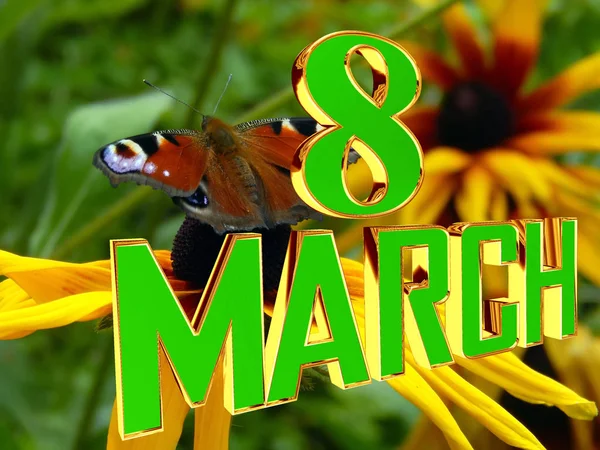 Altın metin 8 Mart arka plan kelebekler çiçek — Stok fotoğraf