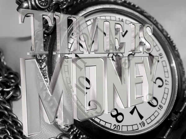 Серебряное время - это денежный текст на фоне старых часов — стоковое фото