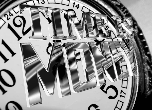 Il tempo d'argento è testo di soldi su uno sfondo di orologio vecchio — Foto Stock