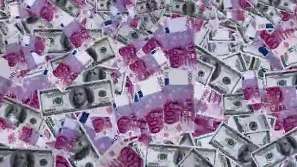 Lluvia de dinero de monedas en euros y dólares sobre un fondo negro — Vídeos de Stock