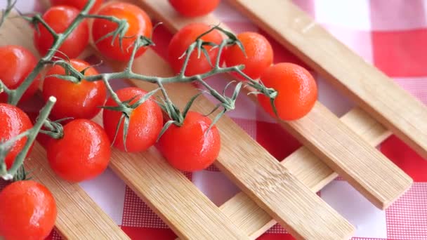 Закрыть помидоры вишни в лук — стоковое видео