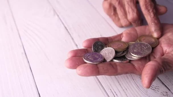 Крупный план пожилых женщин, считая монеты — стоковое видео