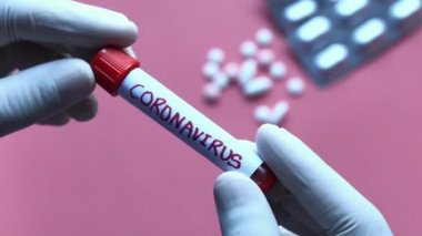 Koruyucu eldivenli erkek kimyagerin elinde test tüpü var.