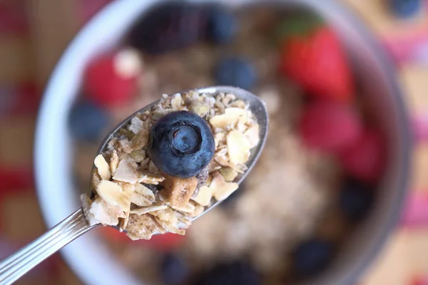Oat flakes and blue berry on spoon on table
