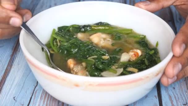 Spinach clear soup with king prawn fish. — Stock Footage Spinach clear soup with king prawn fish. Stock Video