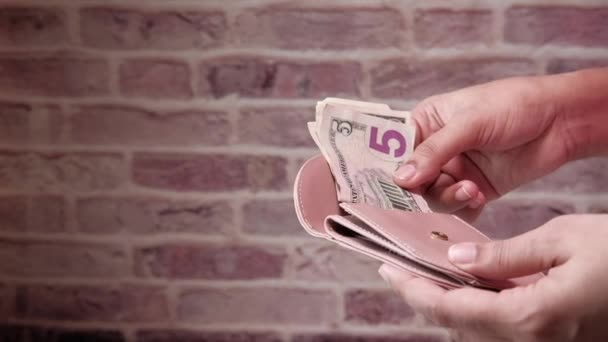 Женщина вытаскивает долларовые купюры из бумажника — стоковое видео