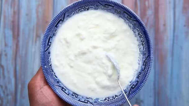 Mão segurando uma tigela de iogurte fresco em uma tigela — Vídeo de Stock