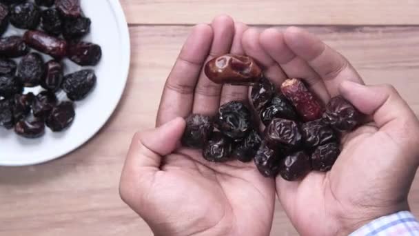 Nahaufnahme von Dattelfrüchten auf der Handfläche — Stockvideo