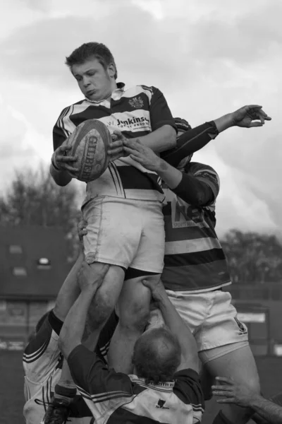 Unidentified rugby union players contest the ball in a second team match between Penrith and Liverpool St Helens, at Winters Park, Penrith, Cumbria in northern England.