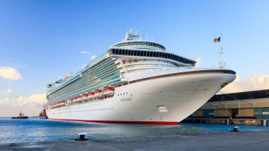 P & O cruise ship Ventura docked in Bridgetown, Barbados.  The Ventura, whose maiden voyage was in 2008, is the largest ship in the P & O cruise fleet.