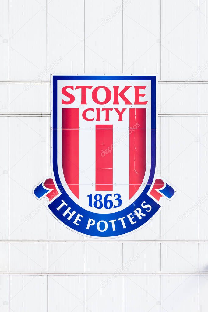 The crest of Stoke City Football Club adorns the bet365 stadium in Stoke-On-Trent, England.
