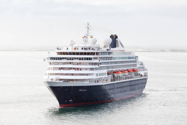 The Holland America cruise ship, Prinsendam, is pictured off the Lisbon coastline in Portugal.