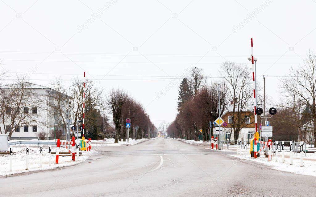 Sigulda Level Crossing.  The view across  a railway level crossing in Sigulda.  Sigulda is a town in Latvia.